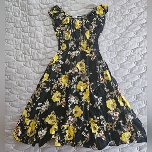Pinup/ bohemian black peasant dress with yellow roses